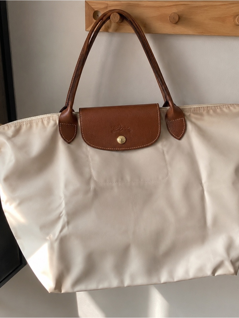 Longchamp Cream Canvas Tote with Brown Leather Trim - Picture 2 of 4